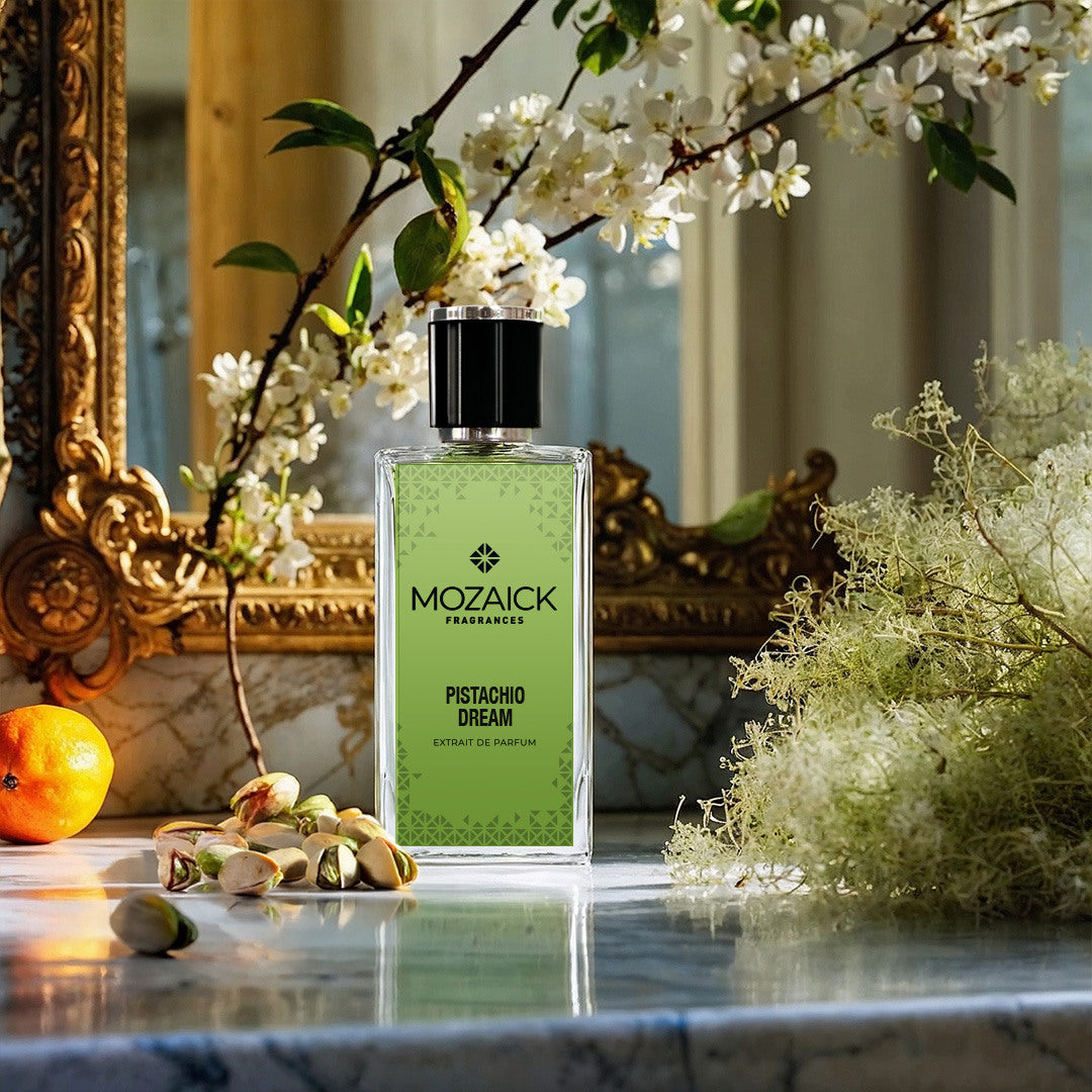 PISTACHIO DREAM Extrait de Parfum 50 ml von MOZAICK – Flakon vor goldgerahmtem Spiegel mit Blüten, Orange und Pistazien